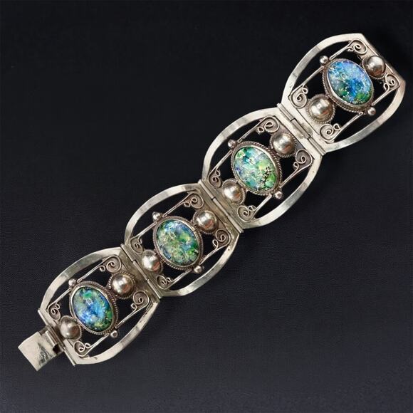 Vintage Taxco Mexico 925 Sterling Silver Link Bracelet Dragon’s Breath Cabochons - Picture 5 of 17